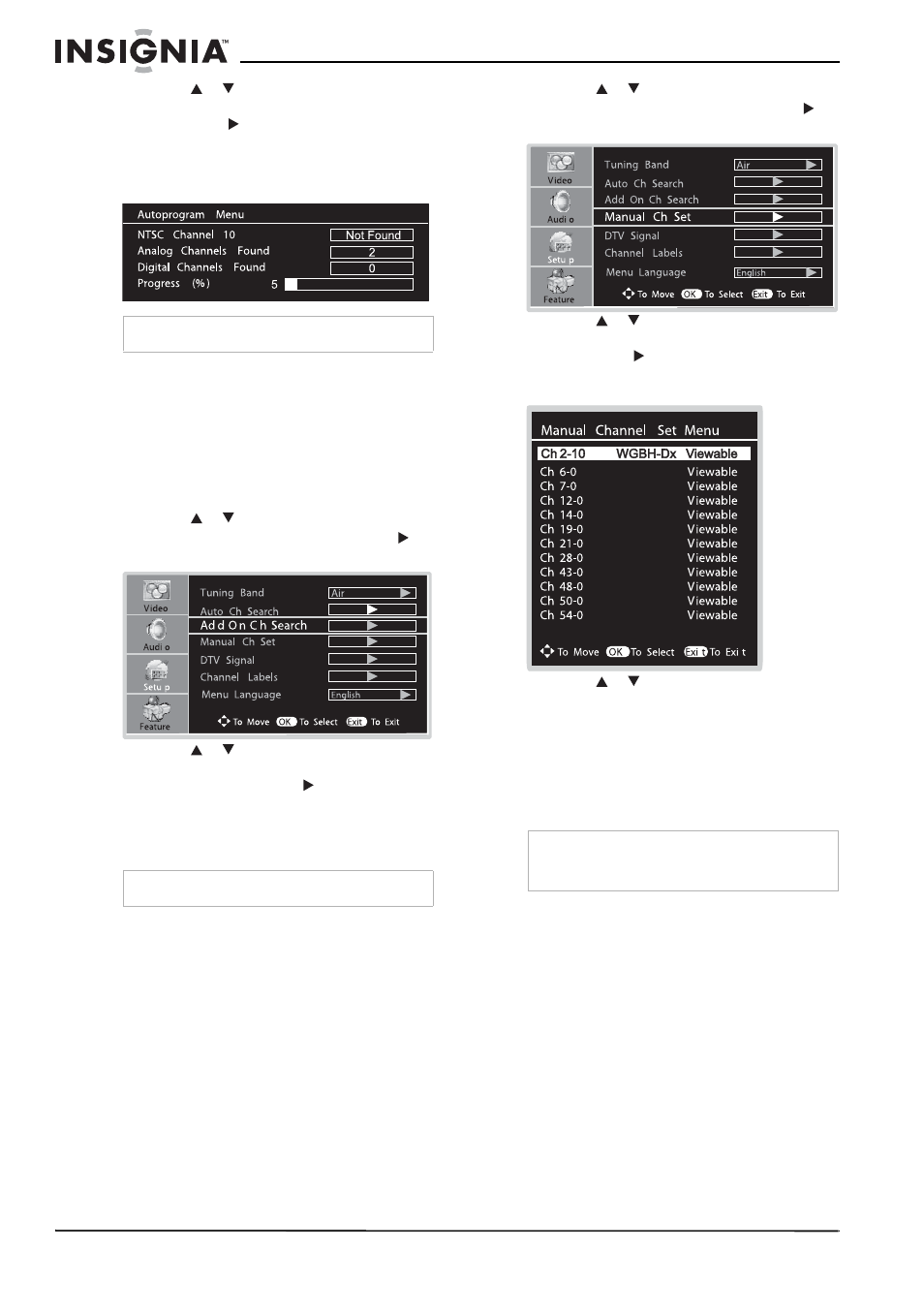 Agregando canales automáticamente, Agregando y eliminando canales manualmente, Monitoreo de la intensidad de la señal de dtv | Insignia NS-LCD32 User Manual | Page 78 / 100