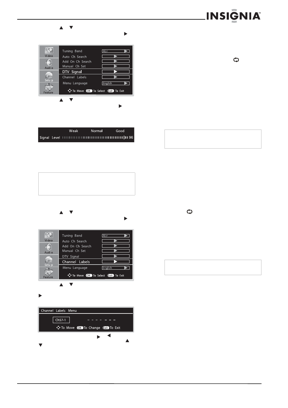 Etiquetando canales, Selección de canales, Usando el teclado numérico | Usando los botones ch+ y ch, Usando el botón del canal anterior, Ejemplo de numeración de canal | Insignia NS-LCD32 User Manual | Page 79 / 100