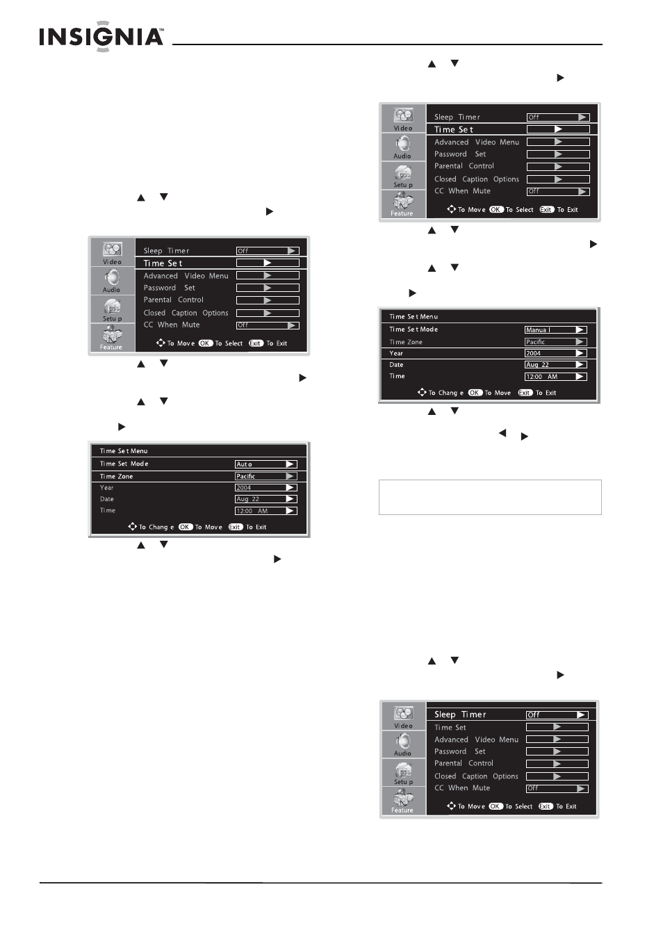 Ajuste automático del reloj, Ajuste manual del reloj, Uso del temporizador de apagado automático | Insignia NS-LCD32 User Manual | Page 82 / 100
