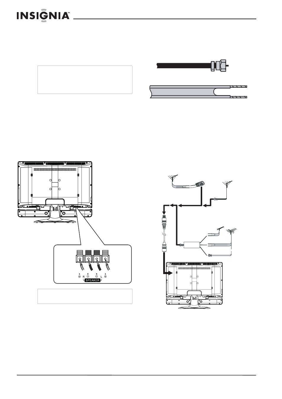 Connexion du téléviseur à une prise secteur, Pour connecter le téléviseur à une prise secteur, Connexion des haut-parleurs | Pour connecter des haut-parleurs à l’appareil, Connexion d’une antenne externe | Insignia NS-32LCD User Manual | Page 32 / 78