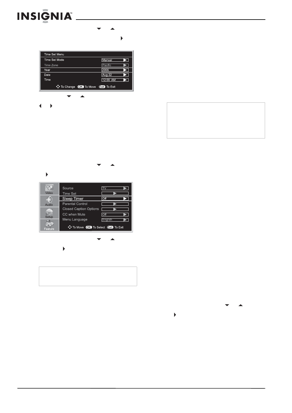 Réglage de l’arrêt différé, Pour régler l'arrêt différé, Visualisation des sous-titres codés | Pour visualiser les sous-titres codés, Configuration du contrôle parental, Pour configurer un mot de passe, Ir « réglage de l’arrêt différé, E 40, Ge 40 | Insignia NS-32LCD User Manual | Page 40 / 78