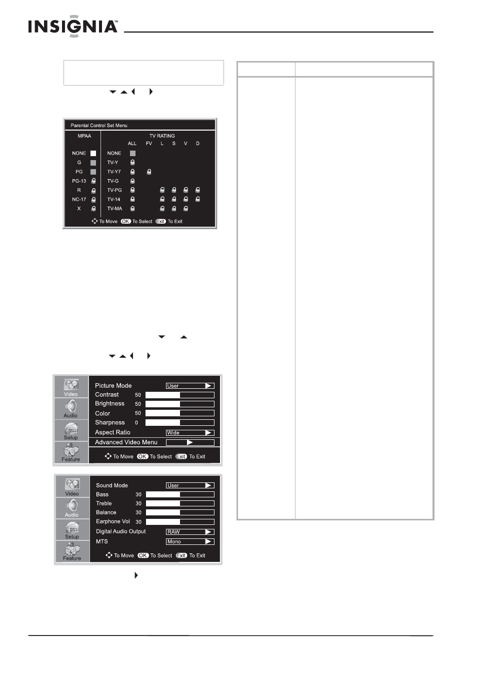 Utilisation du menu d’écran, Pour utiliser le menu d’écran, Menus d’écrans | Insignia NS-32LCD User Manual | Page 42 / 78
