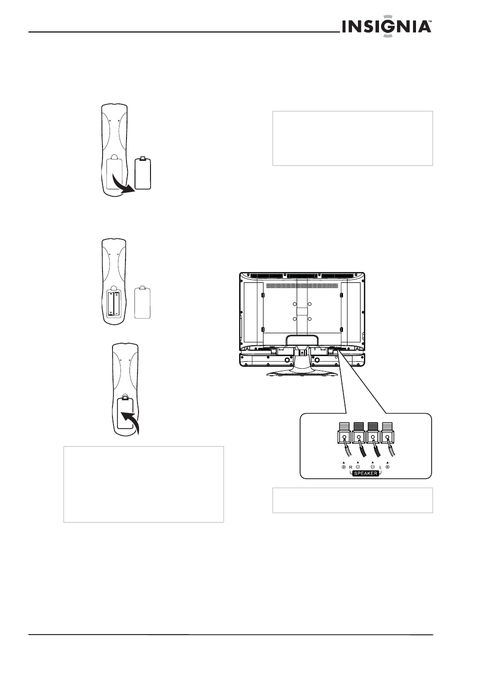 Preparación de su televisor, Instalación de las pilas del control remoto, Para instalar las pilas del control remoto | Conexión de su televisor a un tomacorriente, Conexión de altavoces, Para conectar altavoces a su televisor | Insignia NS-32LCD User Manual | Page 57 / 78