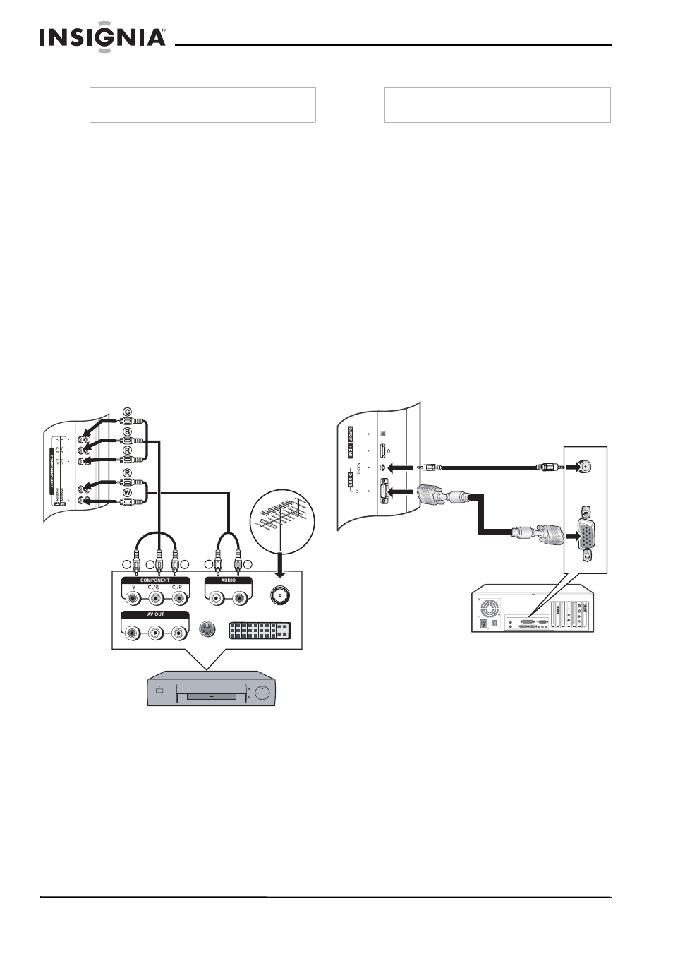 Conexión de un receptor de dtv, Para conectarse a un receptor de dtv y ver dtv, Conexión de una computadora | Para conectarse y ver video desde una computadora | Insignia NS-32LCD User Manual | Page 62 / 78