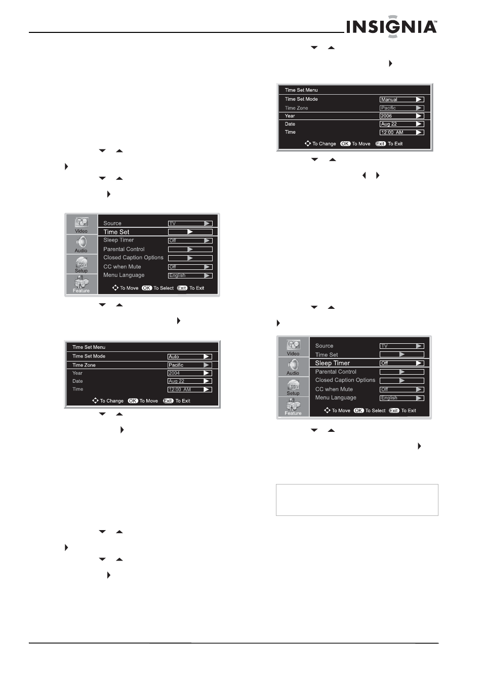 Ajuste del reloj, Ajuste automático del reloj, Para ajustar automáticamente el reloj | Ajuste manual del reloj, Para ajustar el reloj manualmente, Ajuste del temporizador de apagado automático, Para ajustar el temporizador de apagado automático | Insignia NS-32LCD User Manual | Page 65 / 78