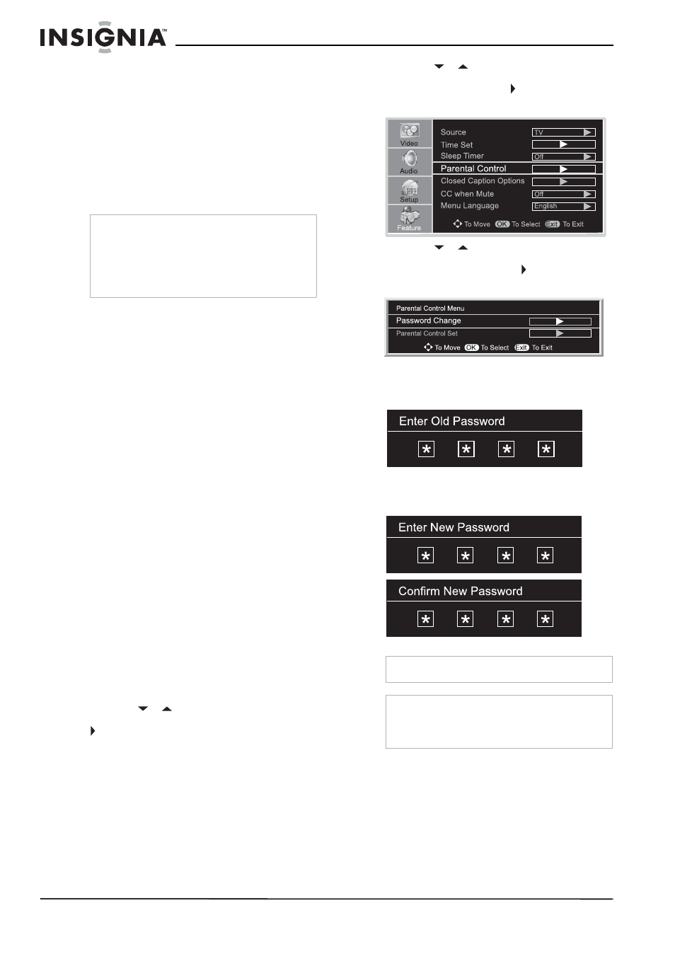 Visualización de subtítulos optativos, Para ver los subtítulos optativos, Configuración de los controles de los padres | Para establecer una contraseña, Se a “visualización de subtítulos optativos” en, Na 66 | Insignia NS-32LCD User Manual | Page 66 / 78