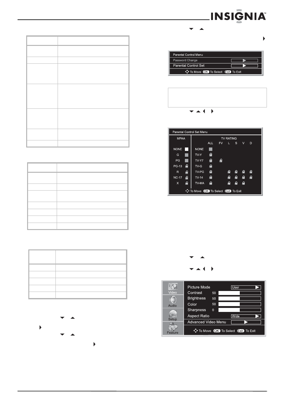 Clasificaciones mpaa, Para ajustar las clasificaciones, Uso del menú de pantalla (osd) | Para usar el menú de pantalla | Insignia NS-32LCD User Manual | Page 67 / 78