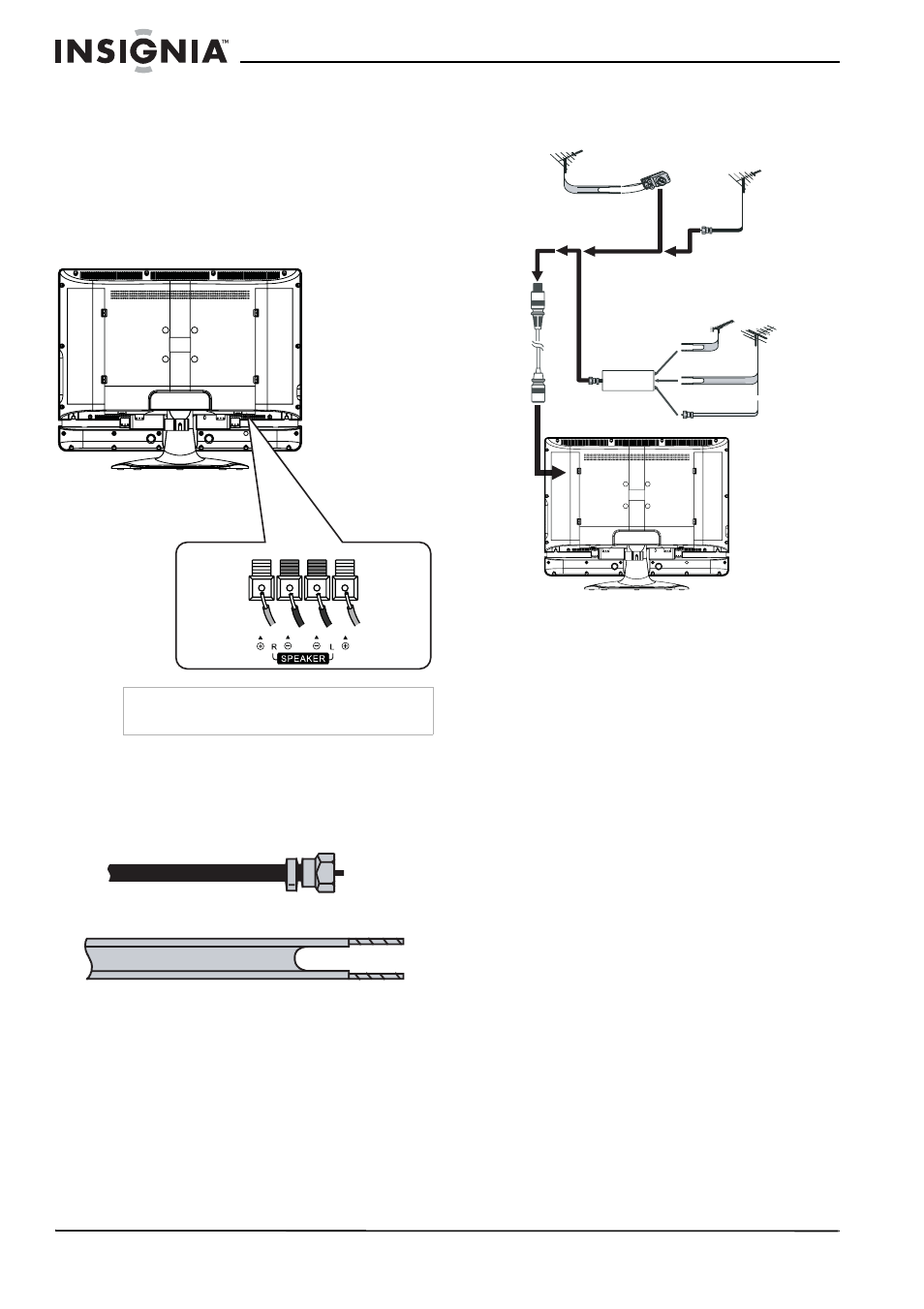 Connecting speakers, To connect speakers to your tv, Connecting an outside antenna | Connecting cable tv | Insignia NS-32LCD User Manual | Page 8 / 78