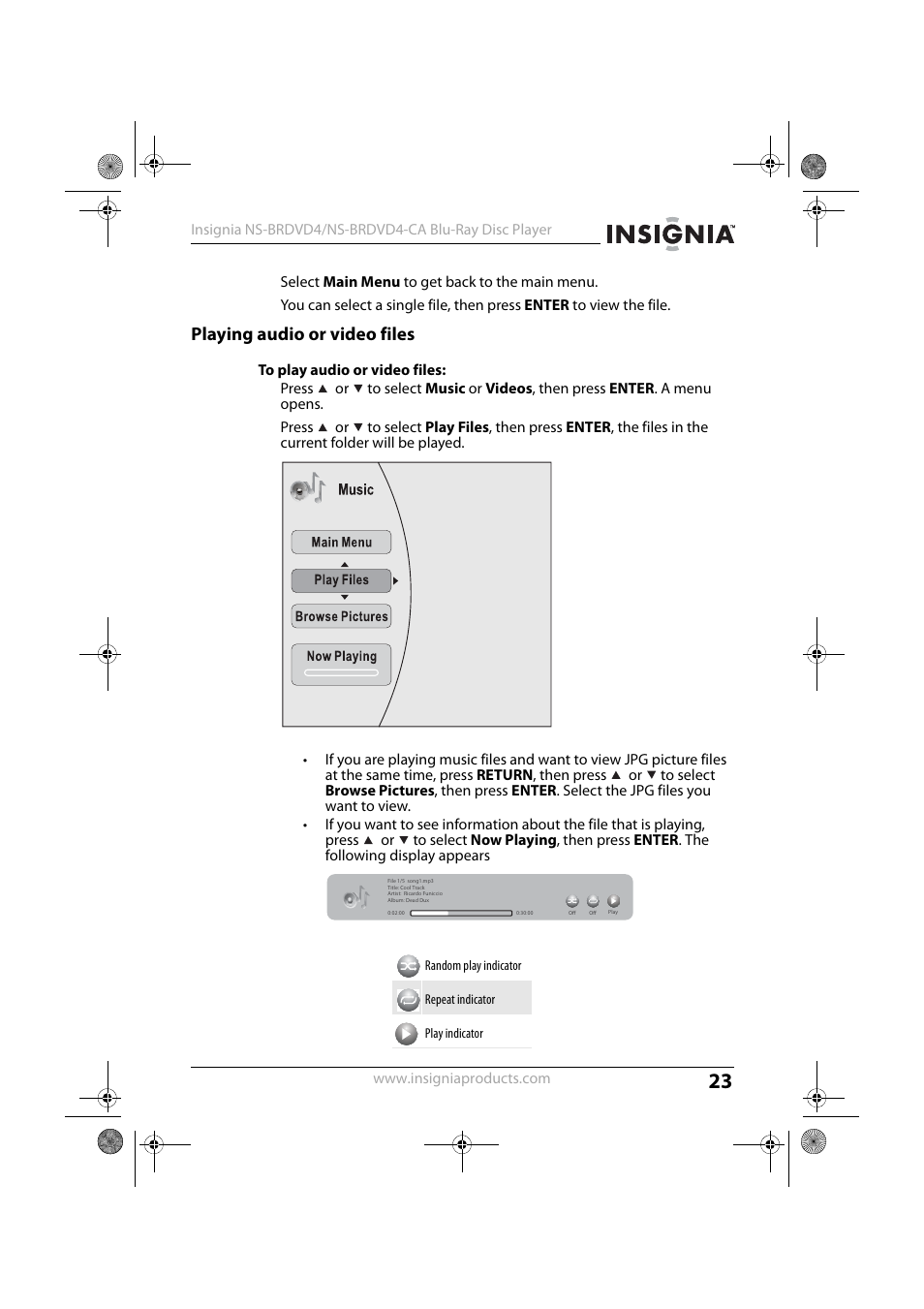 4 select main menu to get back to the main menu, Playing audio or video files | Insignia NS-BRDVD4-CA User Manual | Page 23 / 73