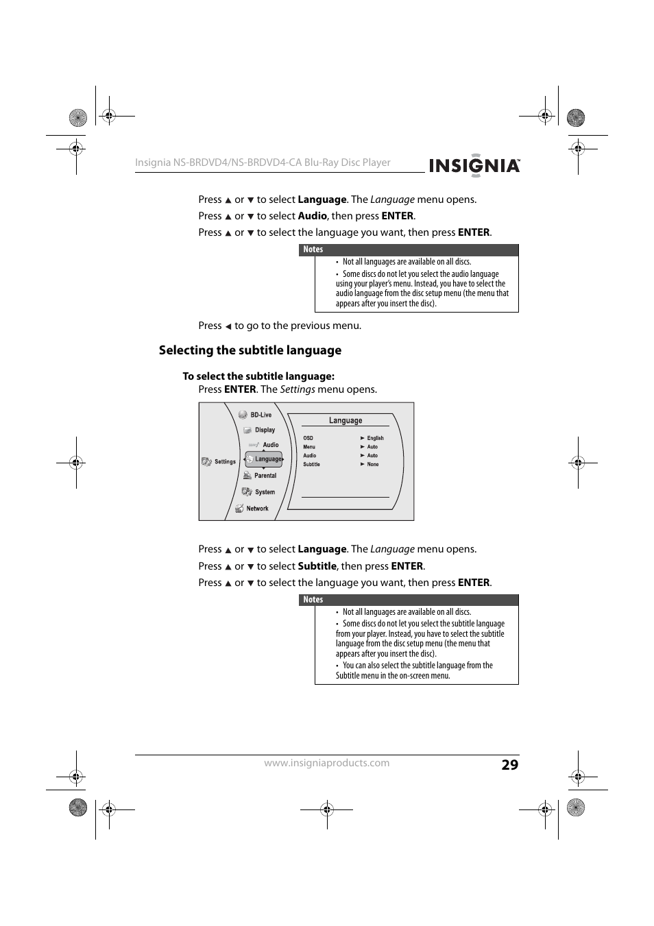 3 press or to select audio, then press enter, 5 press to go to the previous menu, Selecting the subtitle language | 1 press enter. the settings menu opens, 3 press or to select subtitle, then press enter | Insignia NS-BRDVD4-CA User Manual | Page 29 / 73
