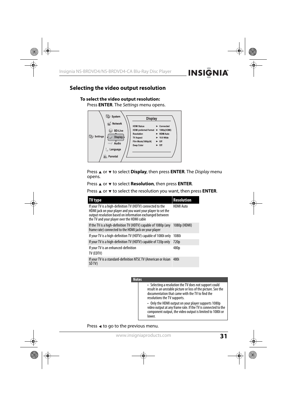 Selecting the video output resolution, 1 press enter. the settings menu opens, 3 press or to select resolution, then press enter | 5 press to go to the previous menu, E “selecting the video output resolution” o | Insignia NS-BRDVD4-CA User Manual | Page 31 / 73