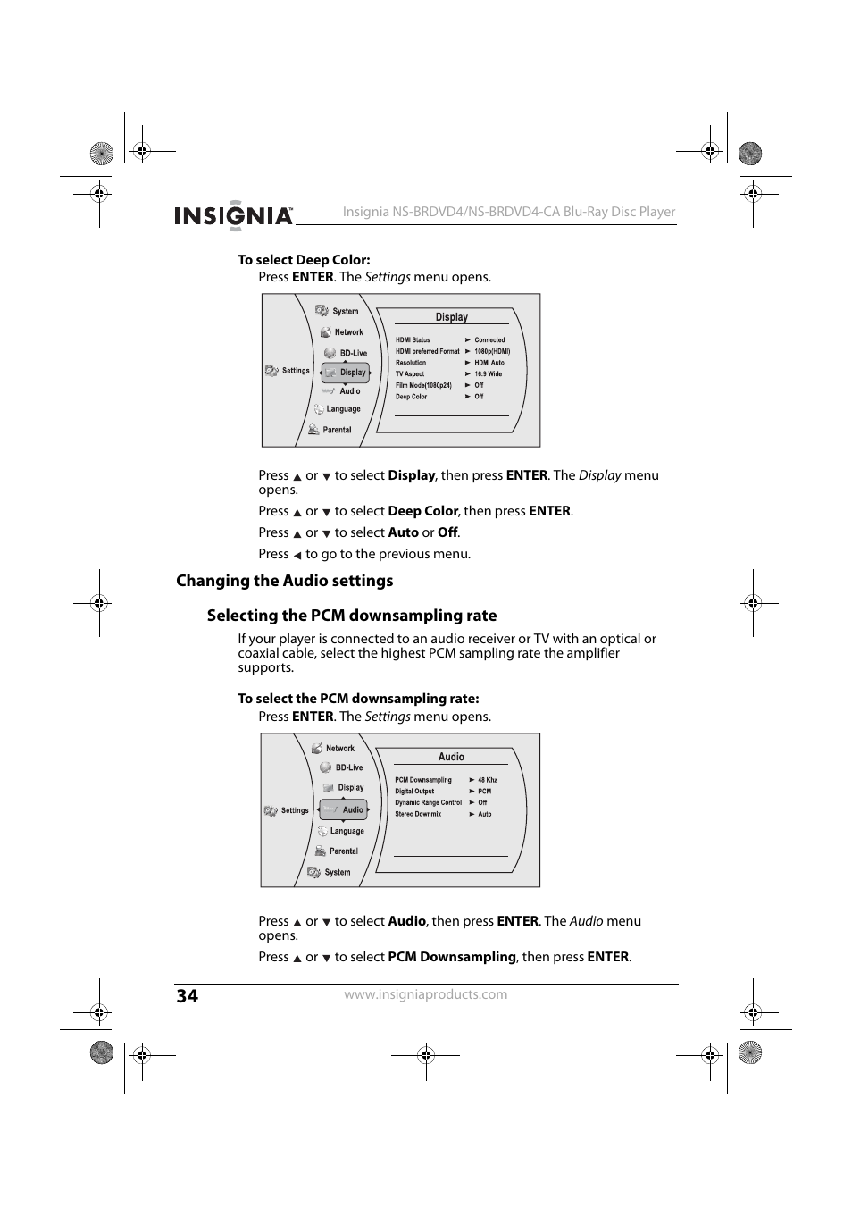 1 press enter. the settings menu opens, 3 press or to select deep color, then press enter, 4 press or to select auto or off | 5 press to go to the previous menu, Changing the audio settings, Selecting the pcm downsampling rate | Insignia NS-BRDVD4-CA User Manual | Page 34 / 73