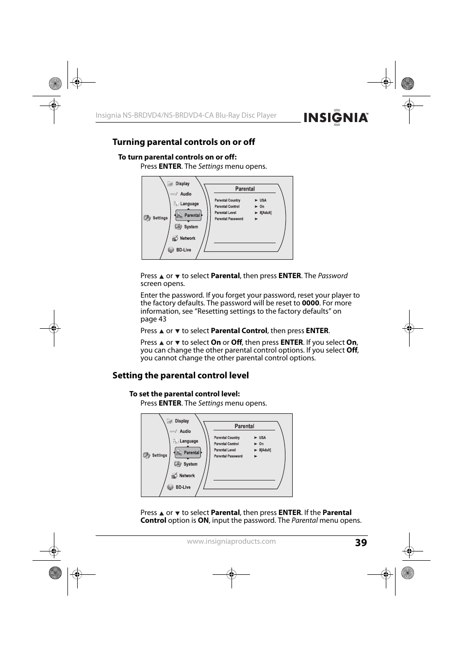 Turning parental controls on or off, 1 press enter. the settings menu opens, Setting the parental control level | Insignia NS-BRDVD4-CA User Manual | Page 39 / 73