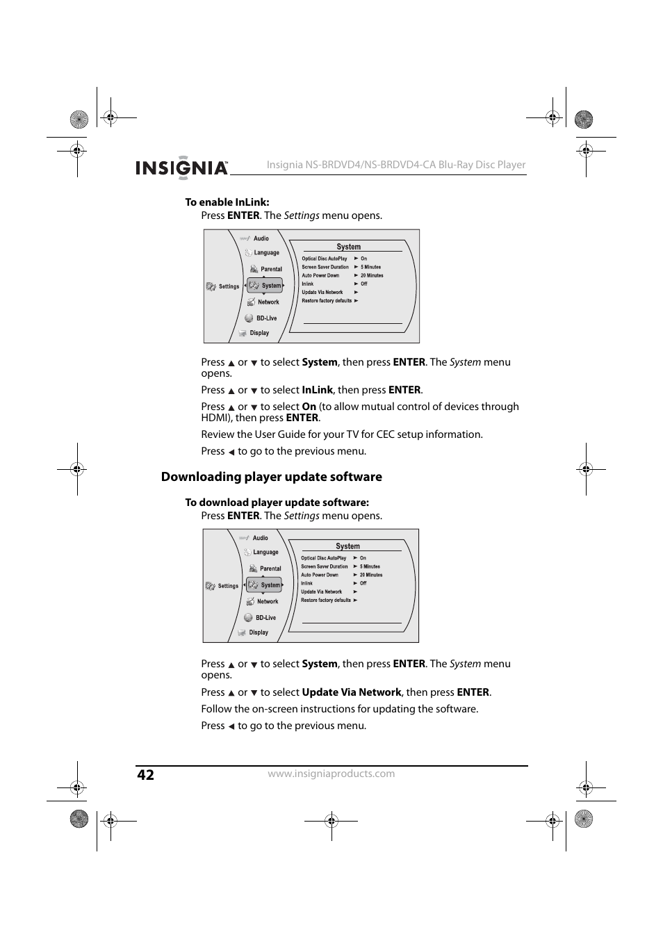 1 press enter. the settings menu opens, 3 press or to select inlink, then press enter, 6 press to go to the previous menu | Downloading player update software, 5 press to go to the previous menu | Insignia NS-BRDVD4-CA User Manual | Page 42 / 73