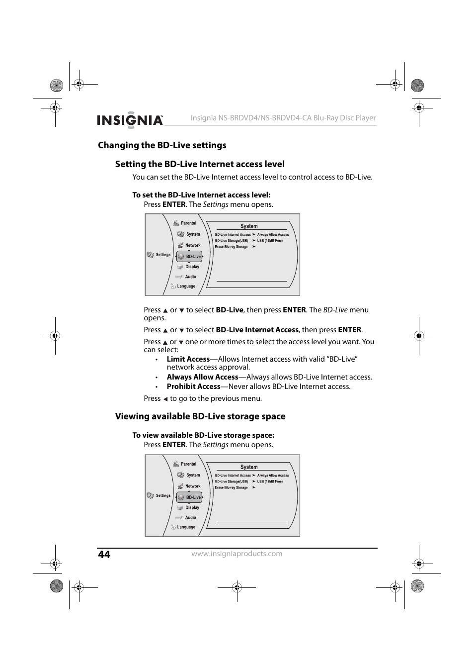 Changing the bd-live settings, Setting the bd-live internet access level, 1 press enter. the settings menu opens | 5 press to go to the previous menu, Viewing available bd-live storage space | Insignia NS-BRDVD4-CA User Manual | Page 44 / 73