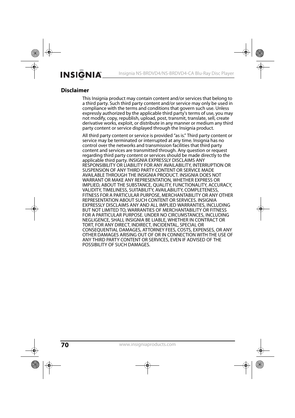 Disclaimer | Insignia NS-BRDVD4-CA User Manual | Page 70 / 73
