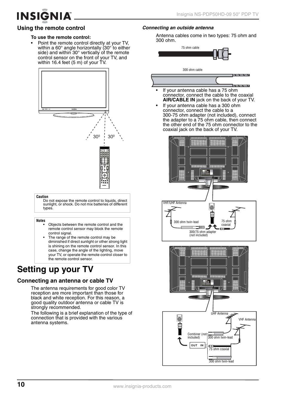 Using the remote control, Setting up your tv, Connecting an antenna or cable tv | Connecting an outside antenna | Insignia NS-PDP50HD-09 User Manual | Page 10 / 92