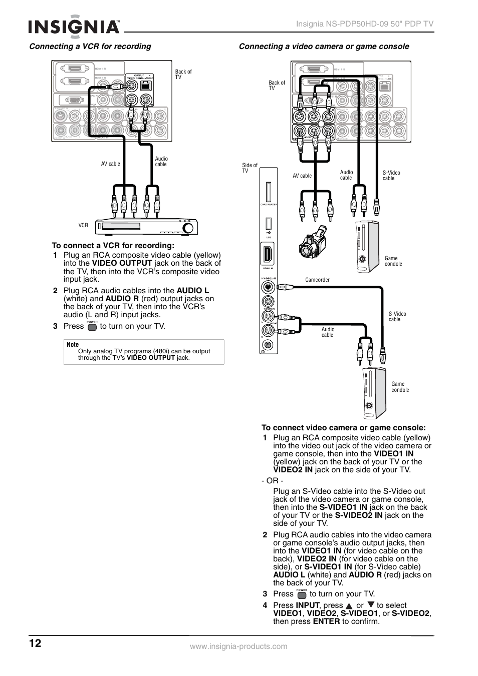 Connecting a vcr for recording, Connecting a video camera or game console | Insignia NS-PDP50HD-09 User Manual | Page 12 / 92