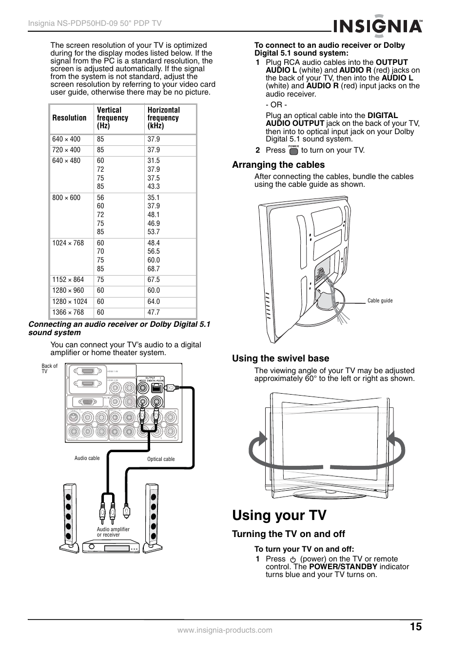 Arranging the cables, Using the swivel base, Using your tv | Turning the tv on and off | Insignia NS-PDP50HD-09 User Manual | Page 15 / 92