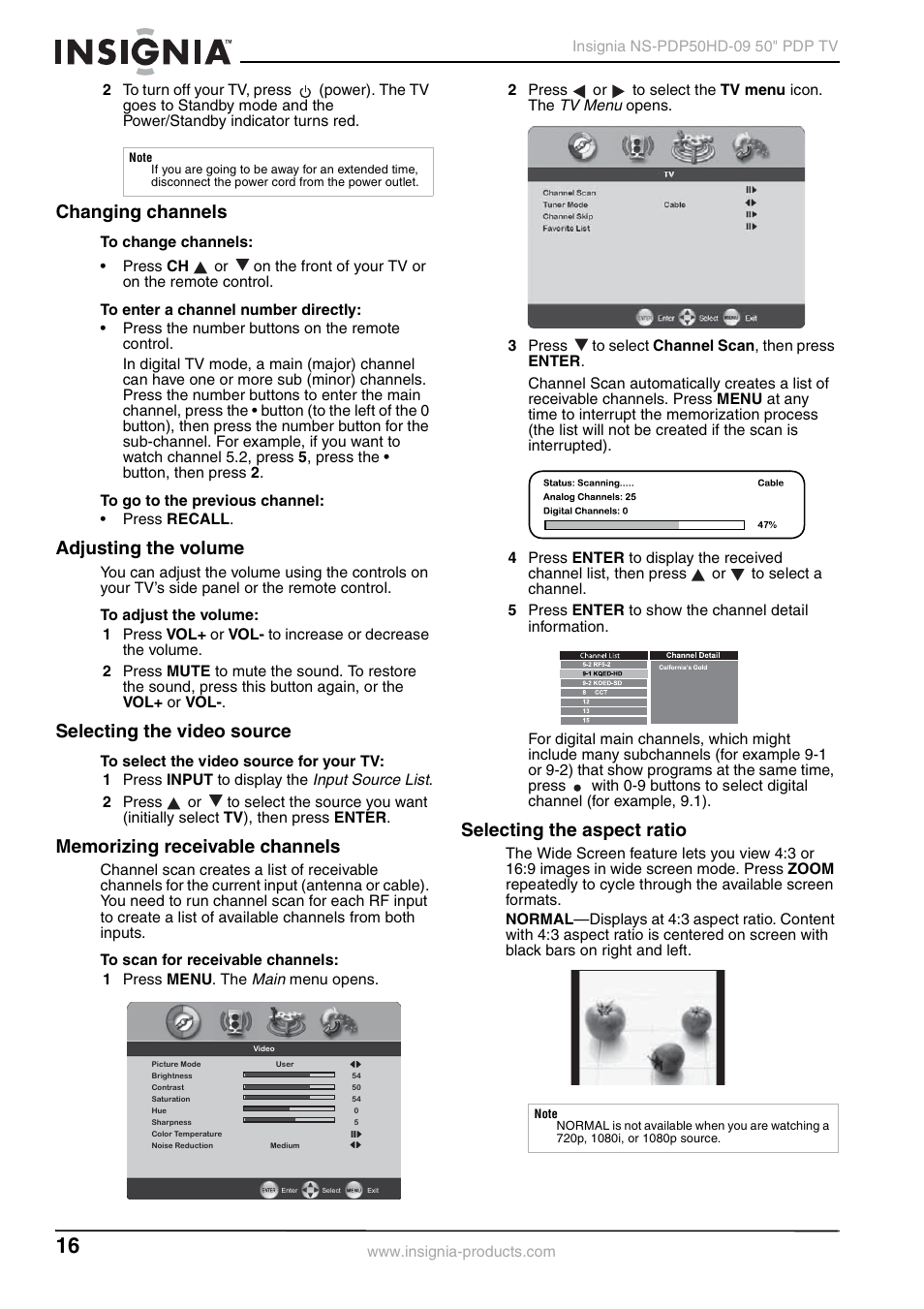 Changing channels, Adjusting the volume, Selecting the video source | Memorizing receivable channels, Selecting the aspect ratio | Insignia NS-PDP50HD-09 User Manual | Page 16 / 92