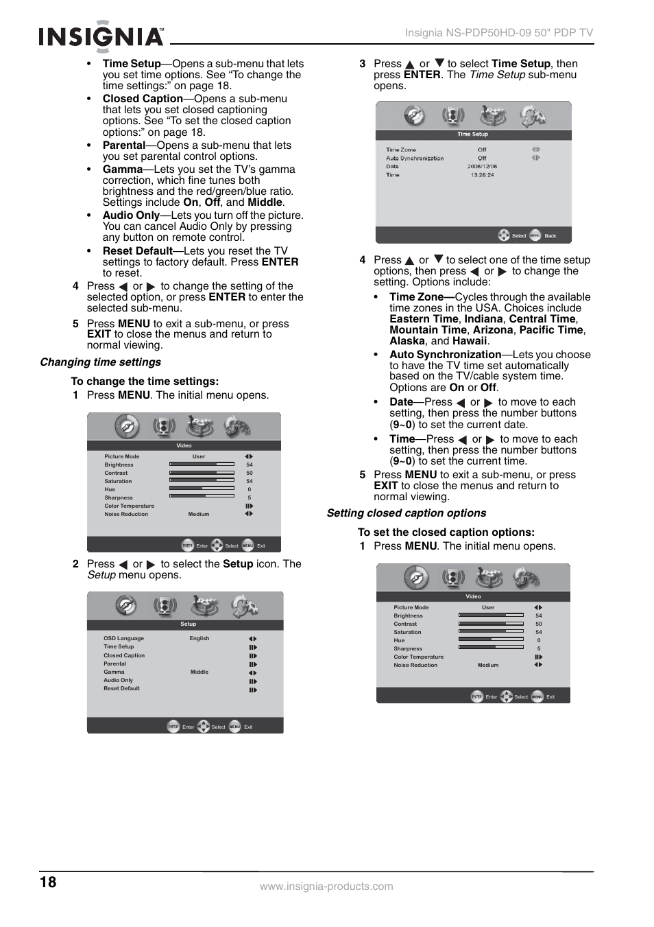 Changing time settings, Setting closed caption options, Setup | Time setup | Insignia NS-PDP50HD-09 User Manual | Page 18 / 92