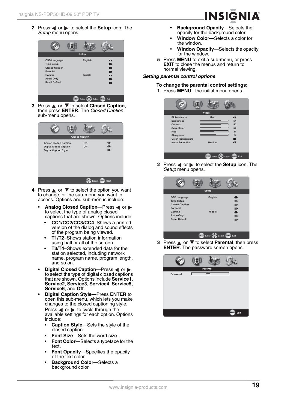 Setting parental control options, Setup, Closed caption | Insignia NS-PDP50HD-09 User Manual | Page 19 / 92