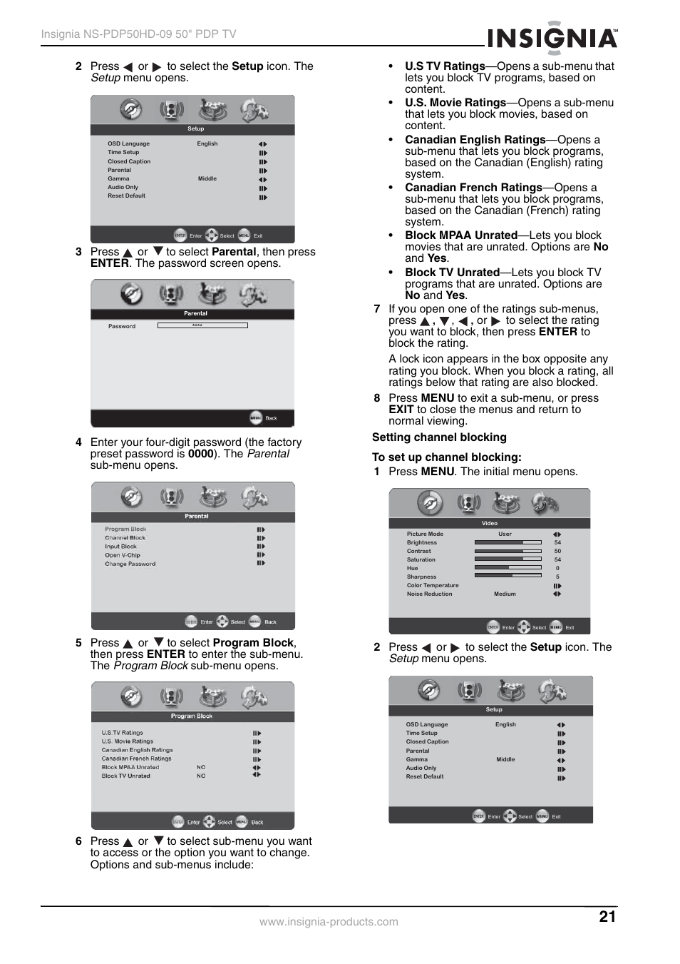 Setup, Parental, Program block | Insignia NS-PDP50HD-09 User Manual | Page 21 / 92