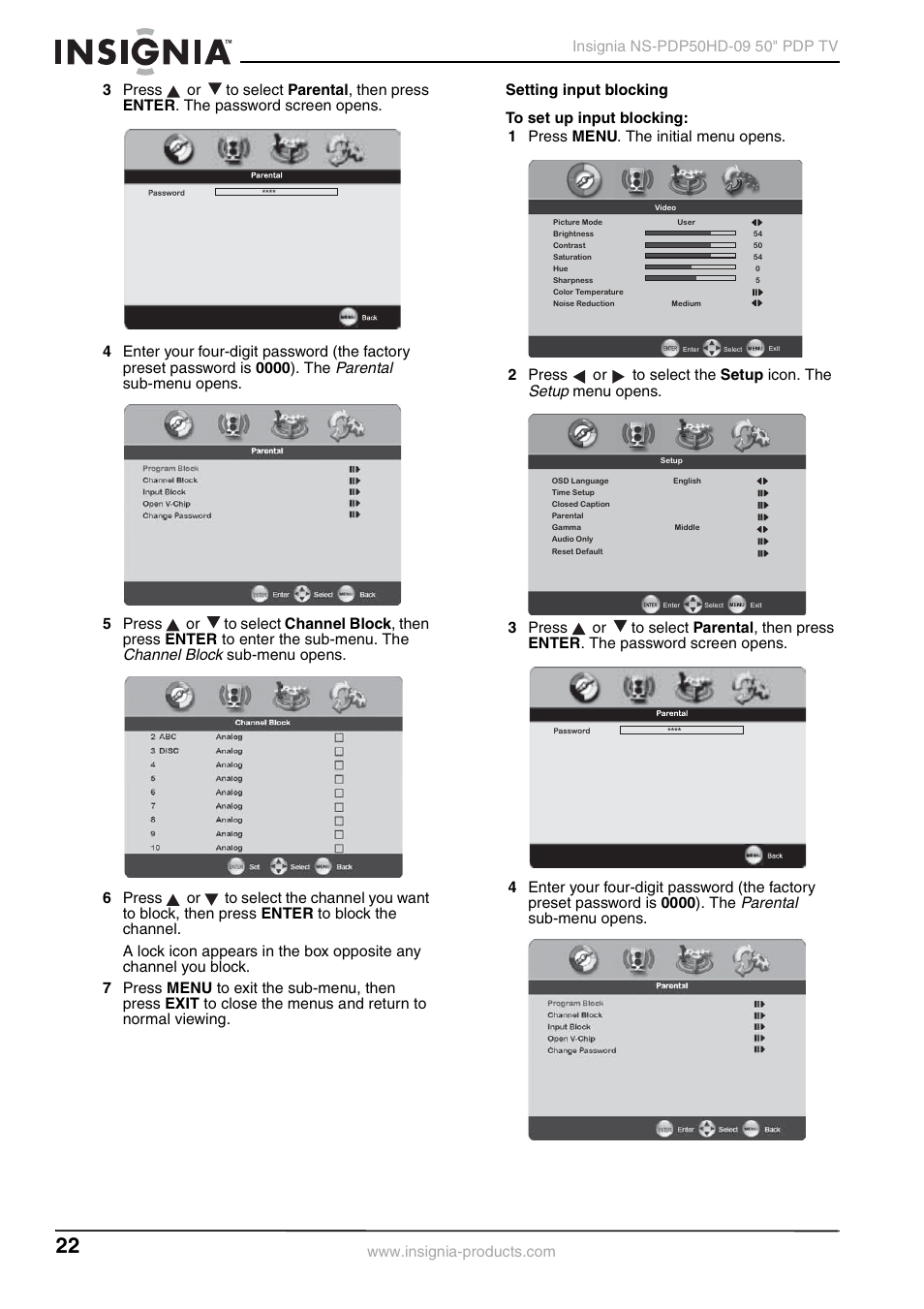 Parental, Channel block, Setup | Insignia NS-PDP50HD-09 User Manual | Page 22 / 92