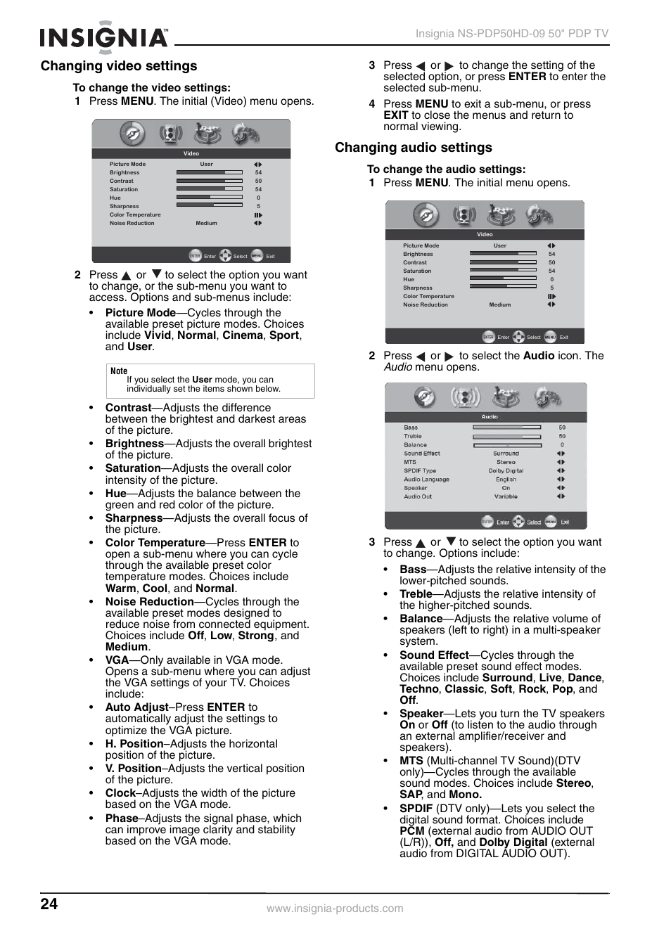 Changing video settings, Changing audio settings, Changing video settings changing audio settings | Audio | Insignia NS-PDP50HD-09 User Manual | Page 24 / 92