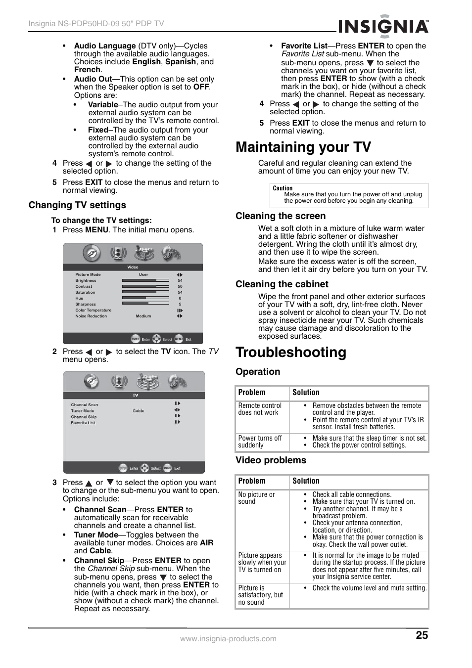 Changing tv settings, Maintaining your tv, Cleaning the screen | Cleaning the cabinet, Troubleshooting, Operation, Video problems, Cleaning the screen cleaning the cabinet, Operation video problems | Insignia NS-PDP50HD-09 User Manual | Page 25 / 92