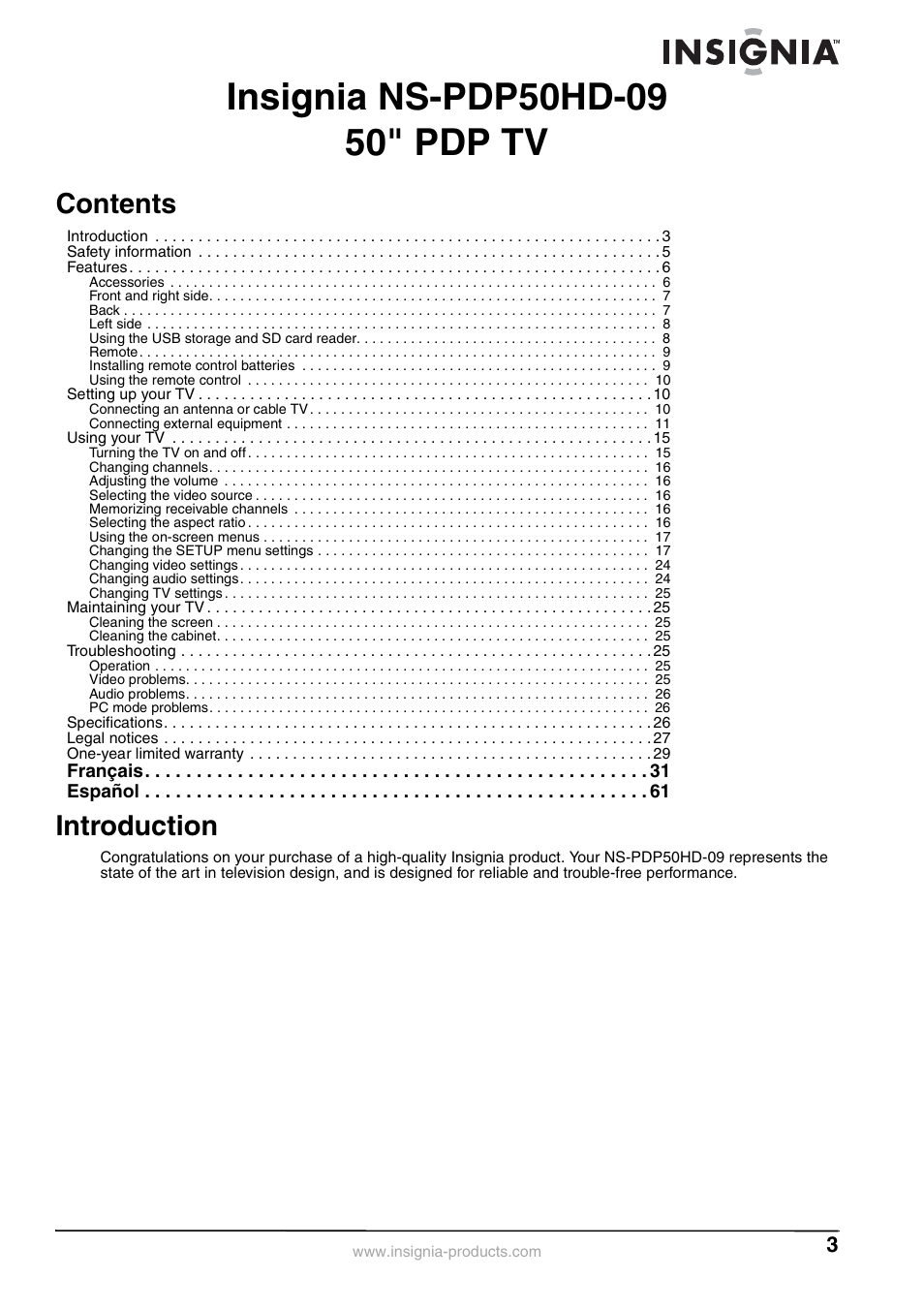 Insignia NS-PDP50HD-09 User Manual | Page 3 / 92