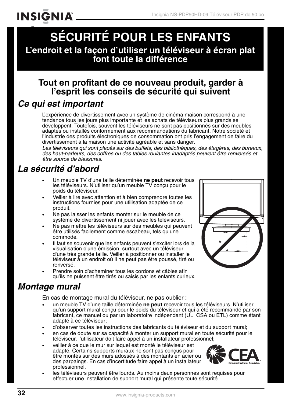 Sécurité pour les enfants, Ce qui est important, La sécurité d’abord | Montage mural | Insignia NS-PDP50HD-09 User Manual | Page 32 / 92