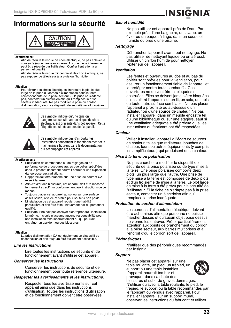 Informations sur la sécurité, Lire les instructions, Conserver les instructions | Respecter les avertissements et les instructions, Eau et humidité, Nettoyage, Ventilation, Chaleur, Mise à la terre ou polarisation, Protection du cordon d’alimentation | Insignia NS-PDP50HD-09 User Manual | Page 33 / 92