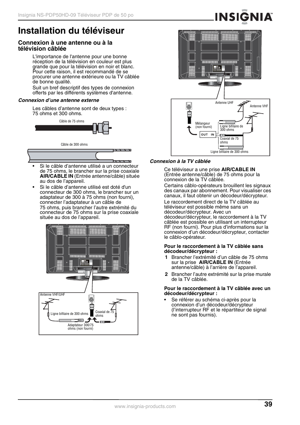 Installation du téléviseur, Connexion à une antenne ou à la télévision câblée, Connexion d’une antenne externe | Connexion à la tv câblée | Insignia NS-PDP50HD-09 User Manual | Page 39 / 92