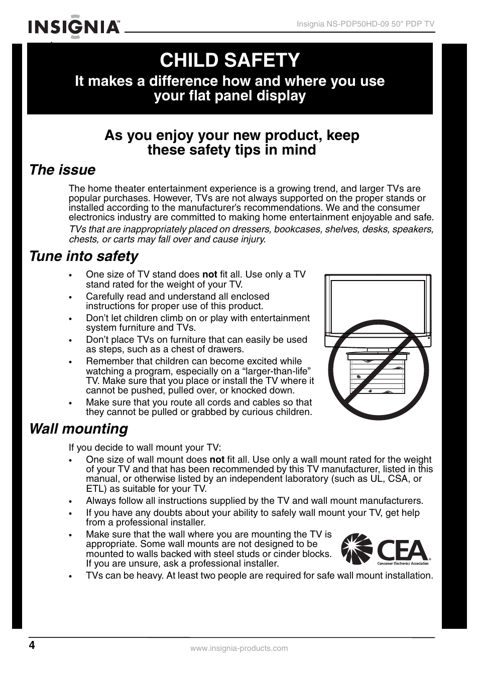 Child safety, The issue, Tune into safety | Wall mounting | Insignia NS-PDP50HD-09 User Manual | Page 4 / 92