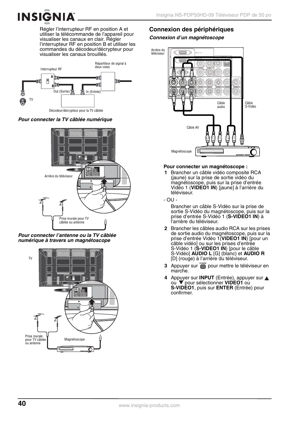 Pour connecter la tv câblée numérique, Connexion des périphériques, Connexion d’un magnétoscope | Insignia NS-PDP50HD-09 User Manual | Page 40 / 92