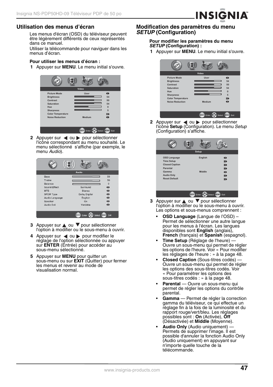 Utilisation des menus d’écran, Audio, Setup | Pour modifier les paramètres du menu | Insignia NS-PDP50HD-09 User Manual | Page 47 / 92