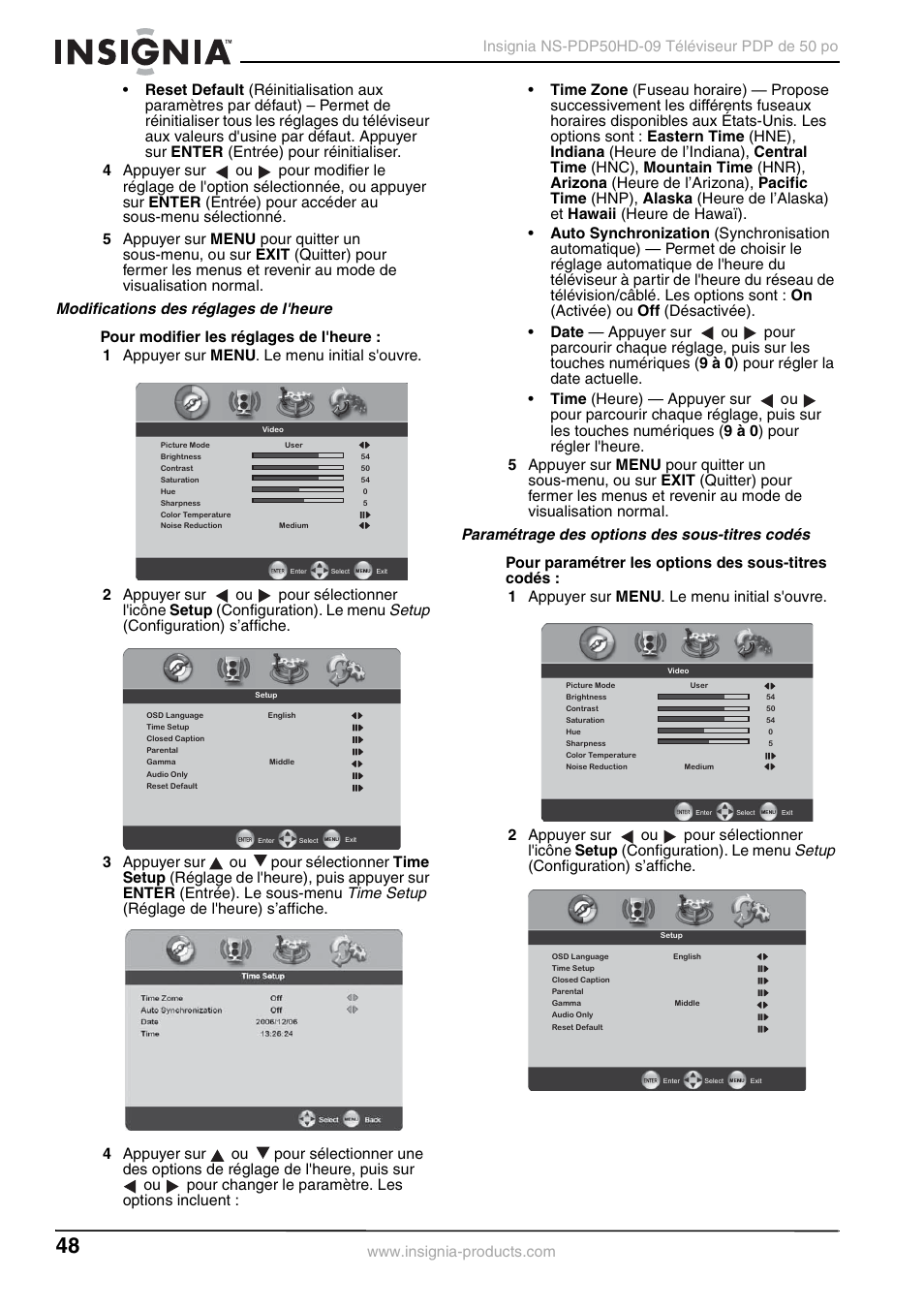 Modifications des réglages de l'heure, Paramétrage des options des sous-titres codés, Pour modifier les réglages de l'heure | Pour paramétrer les options des sous-titres codés, E 48, Setup, Time setup, Configuration) s’affiche | Insignia NS-PDP50HD-09 User Manual | Page 48 / 92