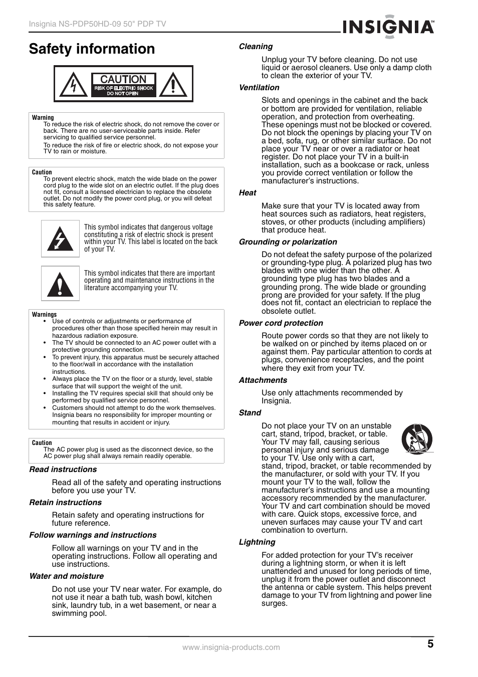 Safety information, Read instructions, Retain instructions | Follow warnings and instructions, Water and moisture, Cleaning, Ventilation, Heat, Grounding or polarization, Power cord protection | Insignia NS-PDP50HD-09 User Manual | Page 5 / 92