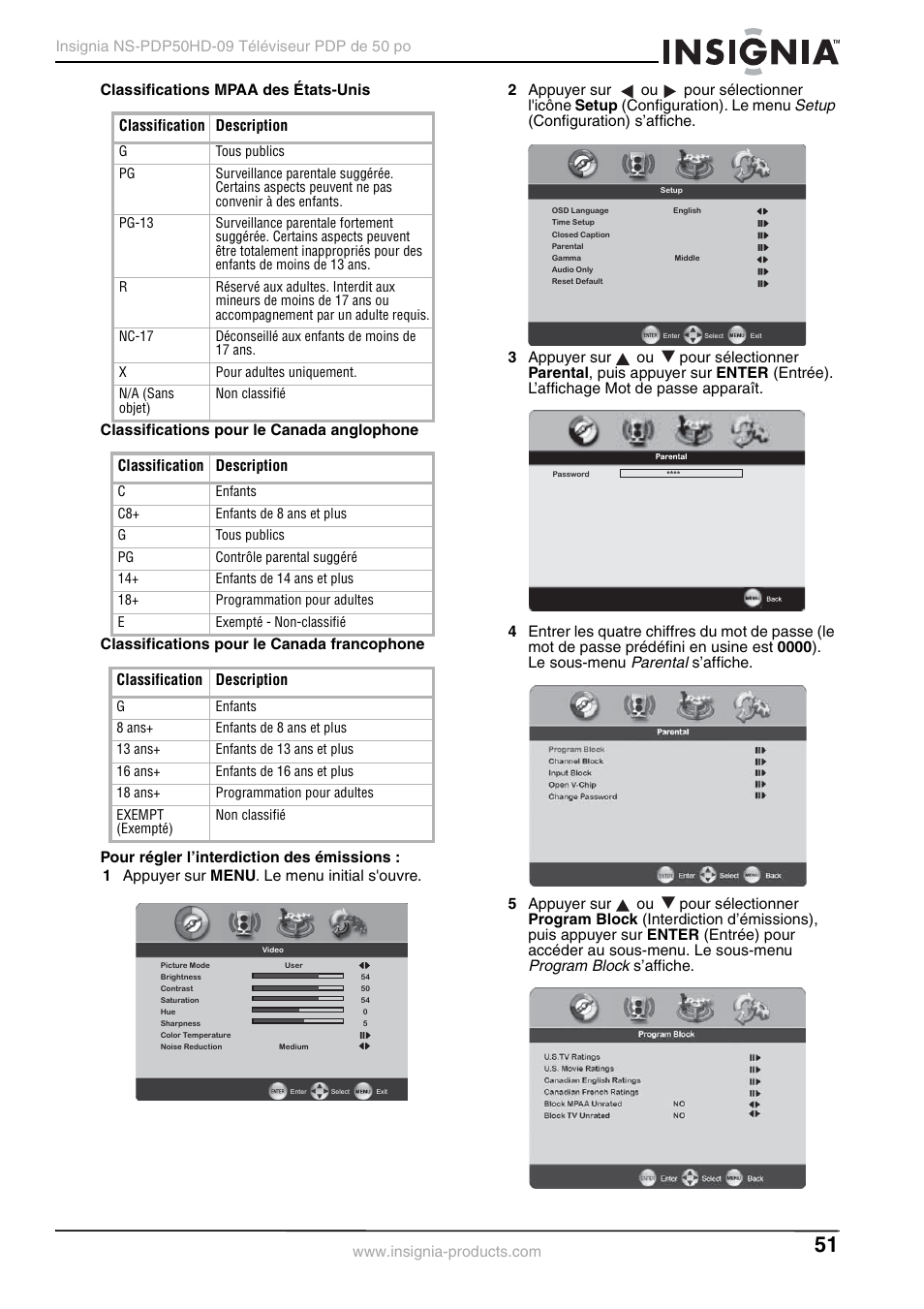 Setup, Parental, Program block | Insignia NS-PDP50HD-09 User Manual | Page 51 / 92