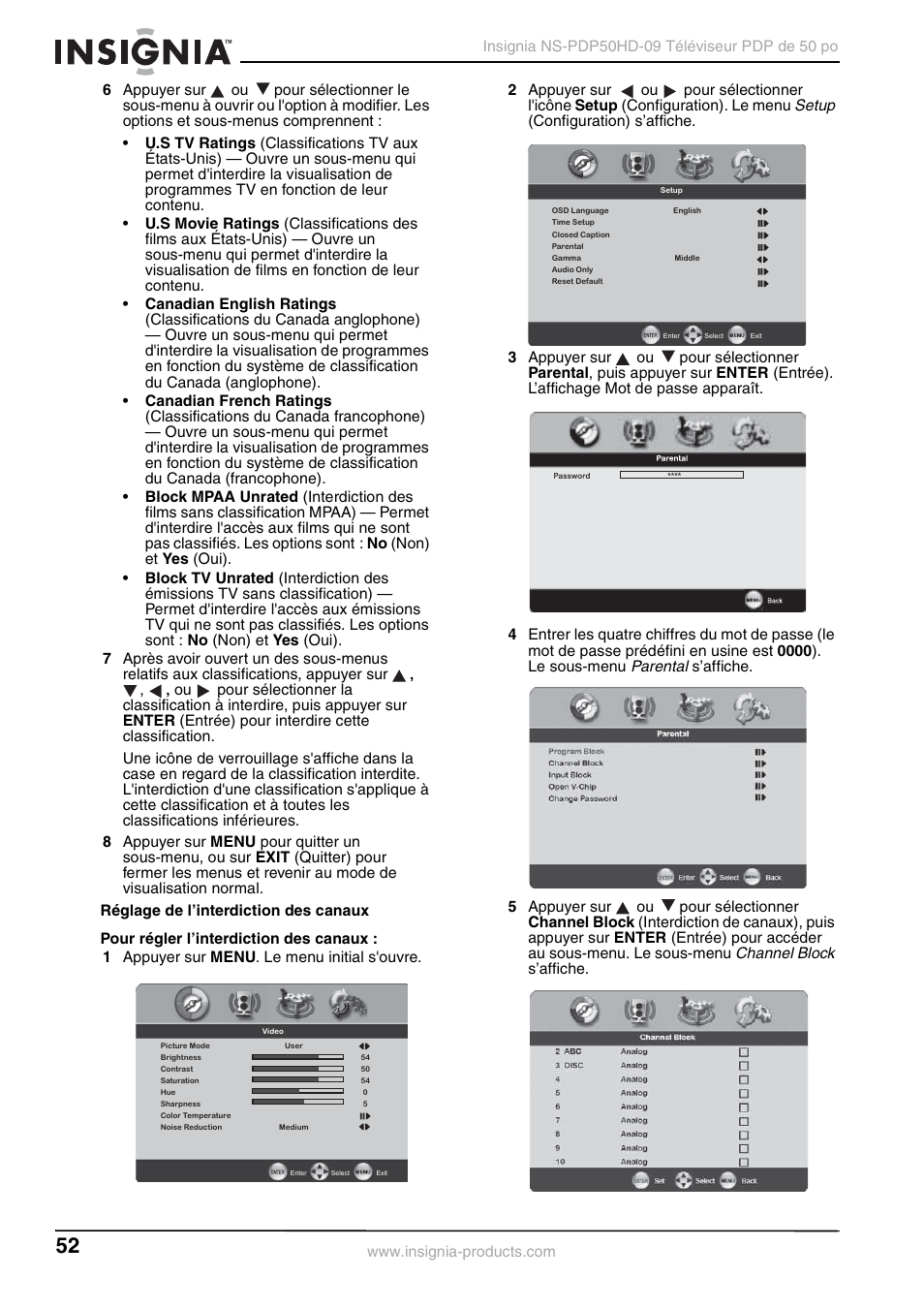 Setup, Parental, Channel block | Insignia NS-PDP50HD-09 User Manual | Page 52 / 92