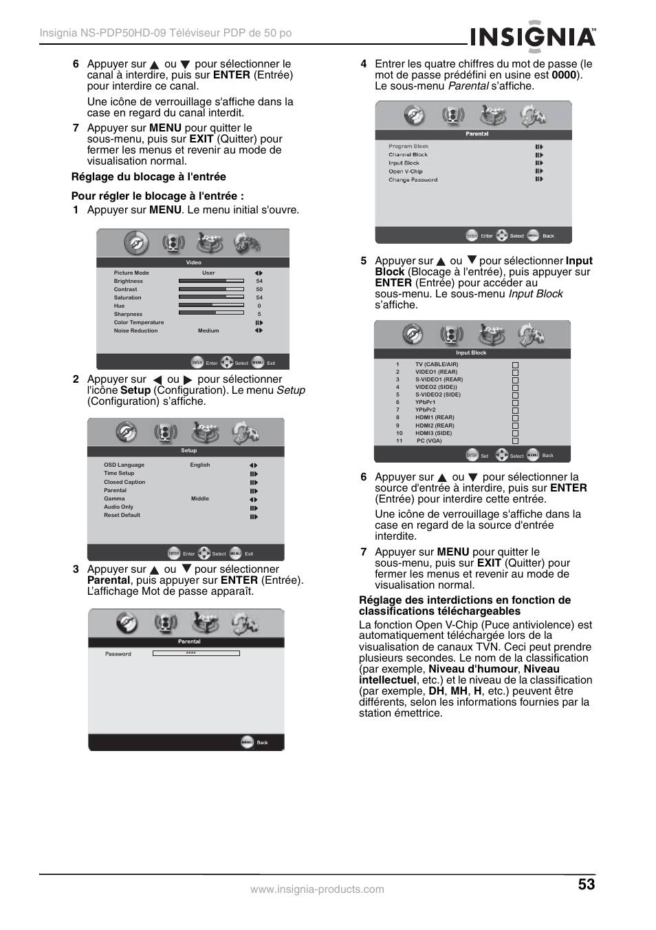 Setup, Parental, Input block | Insignia NS-PDP50HD-09 User Manual | Page 53 / 92
