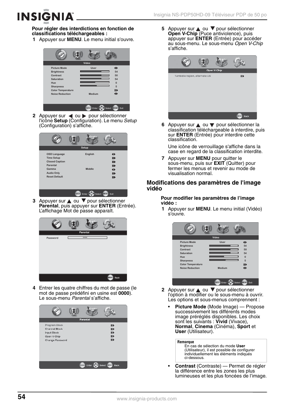 Modifications des paramètres de l'image vidéo, Setup, Parental | Open v-chip | Insignia NS-PDP50HD-09 User Manual | Page 54 / 92