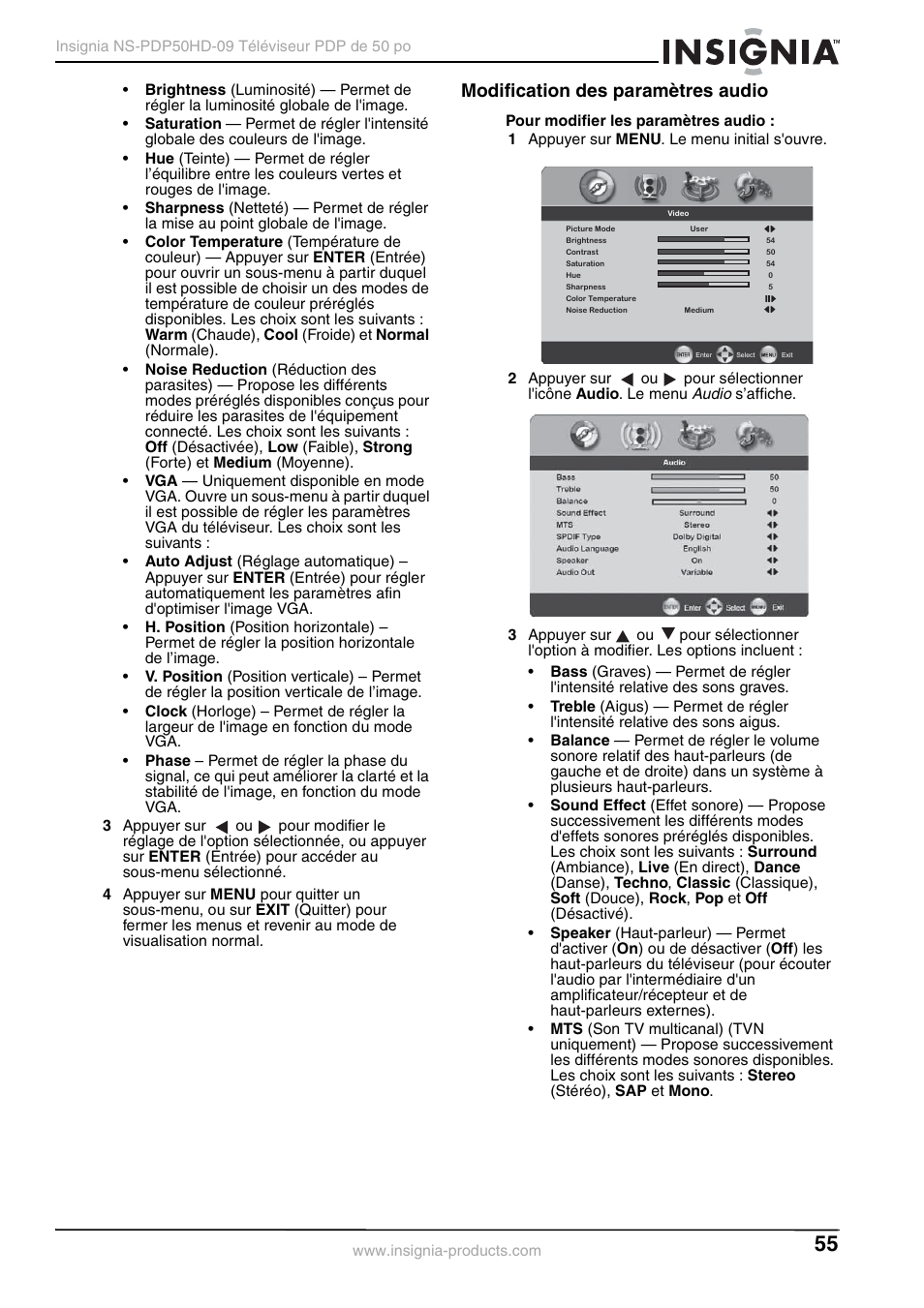 Modification des paramètres audio | Insignia NS-PDP50HD-09 User Manual | Page 55 / 92