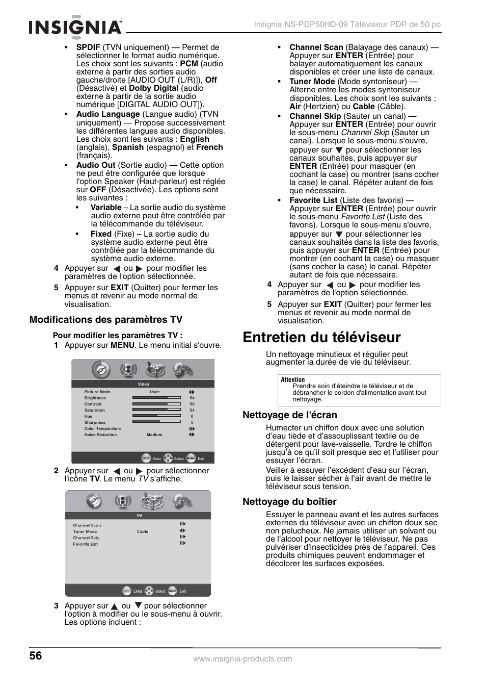 Modifications des paramètres tv, Entretien du téléviseur, Nettoyage de l'écran | Nettoyage du boîtier, Nettoyage de l'écran nettoyage du boîtier | Insignia NS-PDP50HD-09 User Manual | Page 56 / 92