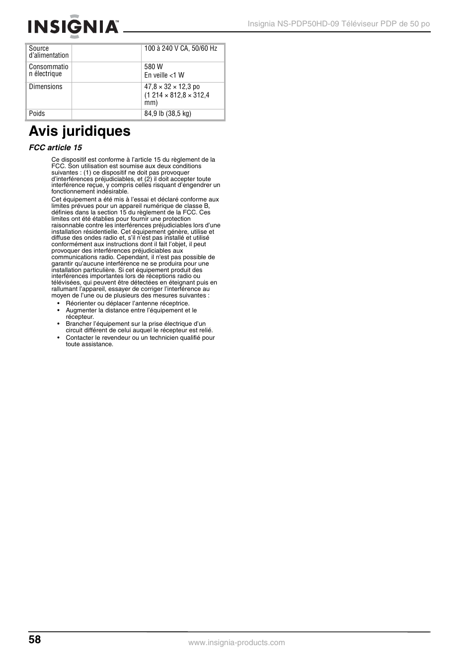 Avis juridiques, Fcc article 15 | Insignia NS-PDP50HD-09 User Manual | Page 58 / 92
