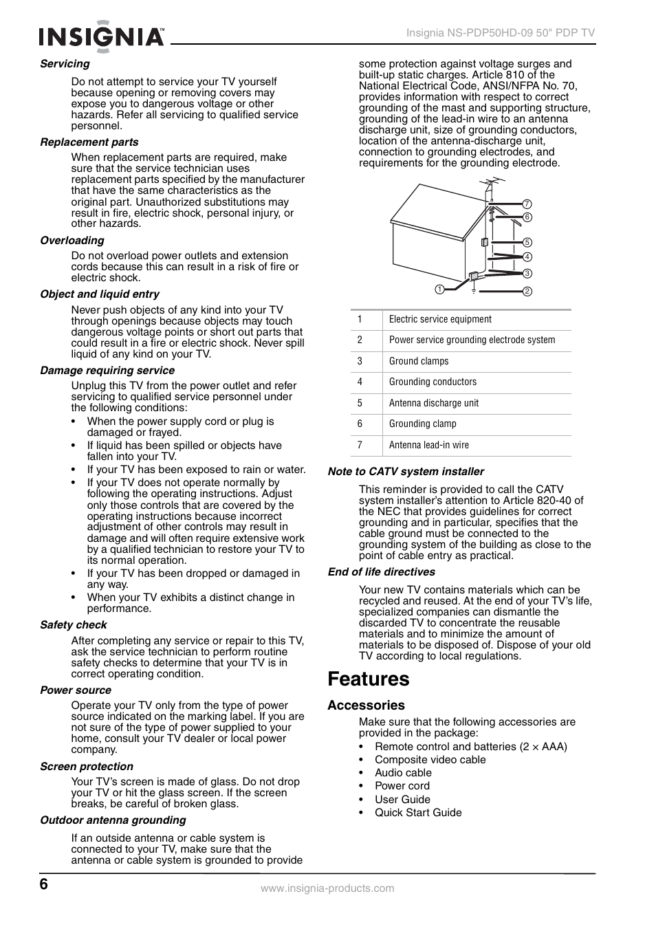 Servicing, Replacement parts, Overloading | Object and liquid entry, Damage requiring service, Safety check, Power source, Screen protection, Outdoor antenna grounding, Note to catv system installer | Insignia NS-PDP50HD-09 User Manual | Page 6 / 92