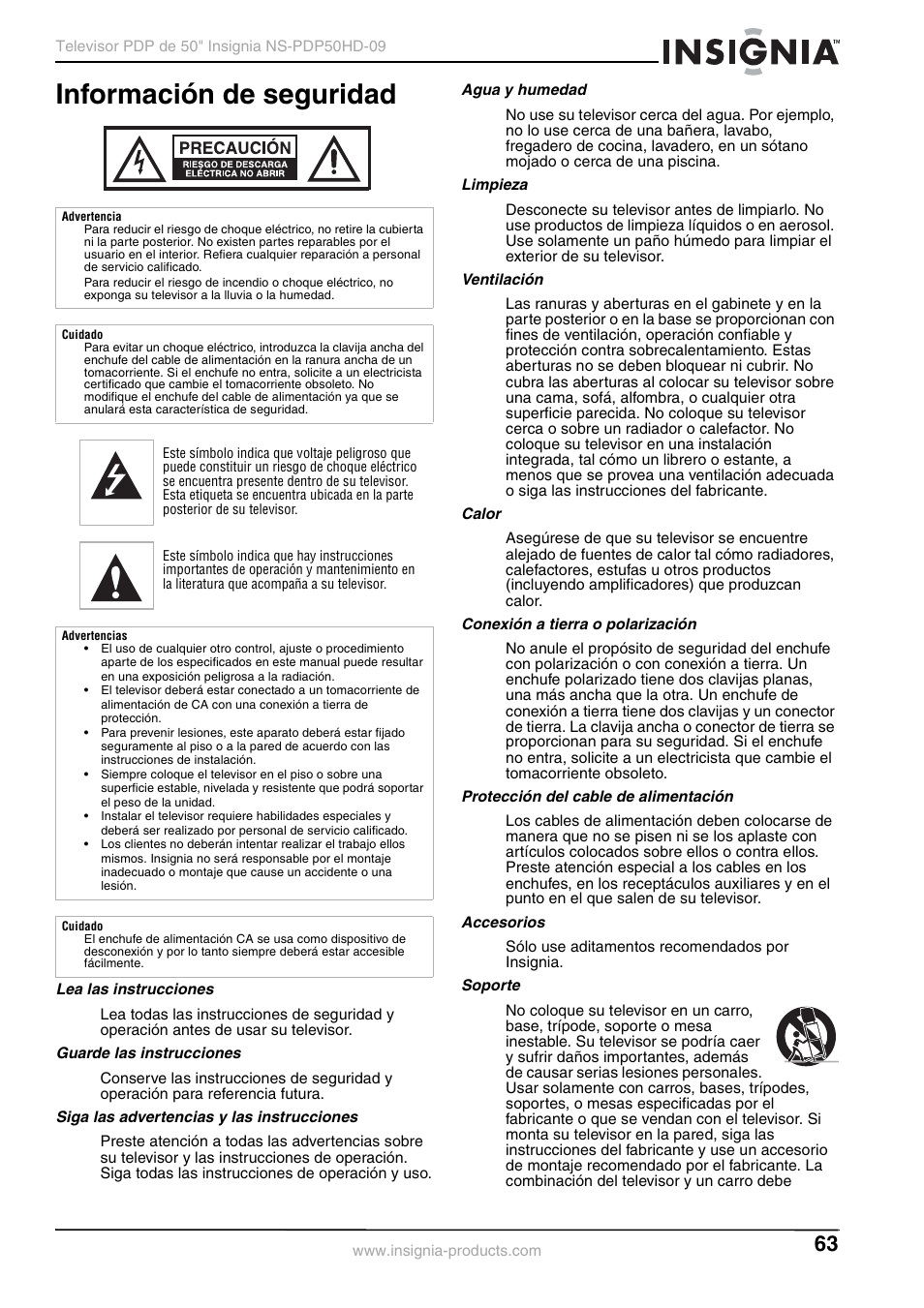 Información de seguridad, Lea las instrucciones, Guarde las instrucciones | Siga las advertencias y las instrucciones, Agua y humedad, Limpieza, Ventilación, Calor, Conexión a tierra o polarización, Protección del cable de alimentación | Insignia NS-PDP50HD-09 User Manual | Page 63 / 92