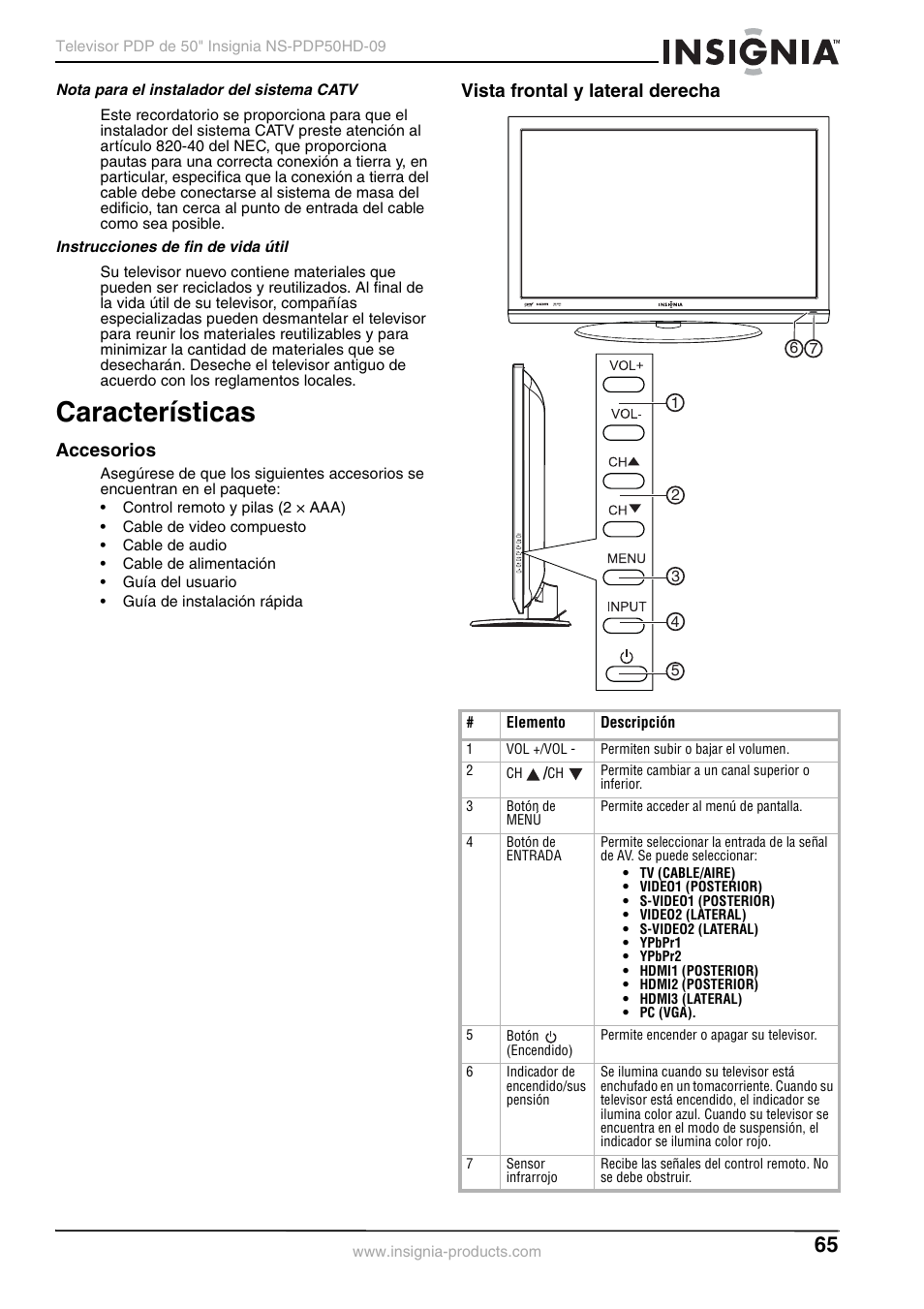 Nota para el instalador del sistema catv, Instrucciones de fin de vida útil, Características | Accesorios, Vista frontal y lateral derecha, Accesorios vista frontal y lateral derecha | Insignia NS-PDP50HD-09 User Manual | Page 65 / 92