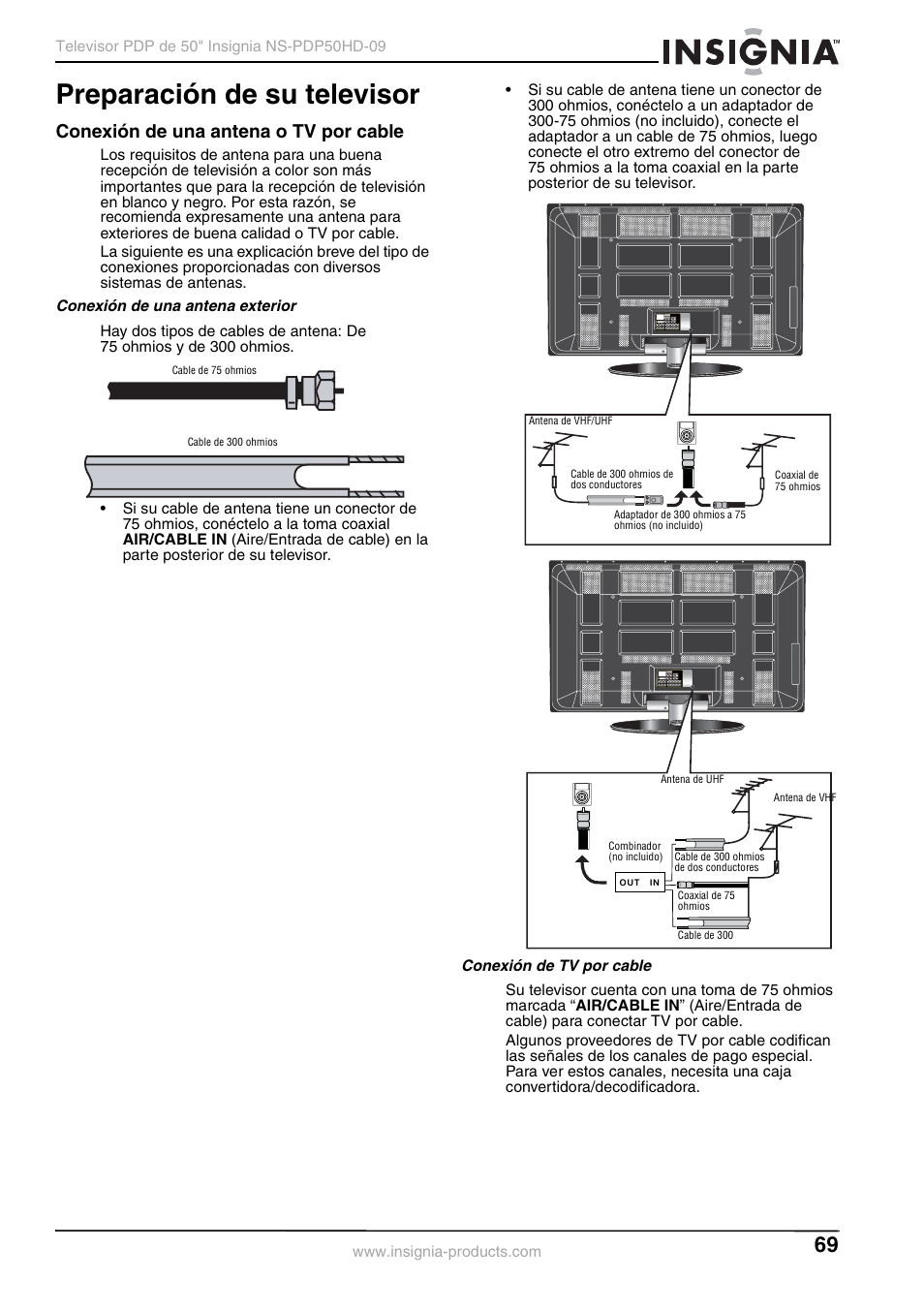 Preparación de su televisor, Conexión de una antena o tv por cable, Conexión de una antena exterior | Conexión de tv por cable | Insignia NS-PDP50HD-09 User Manual | Page 69 / 92
